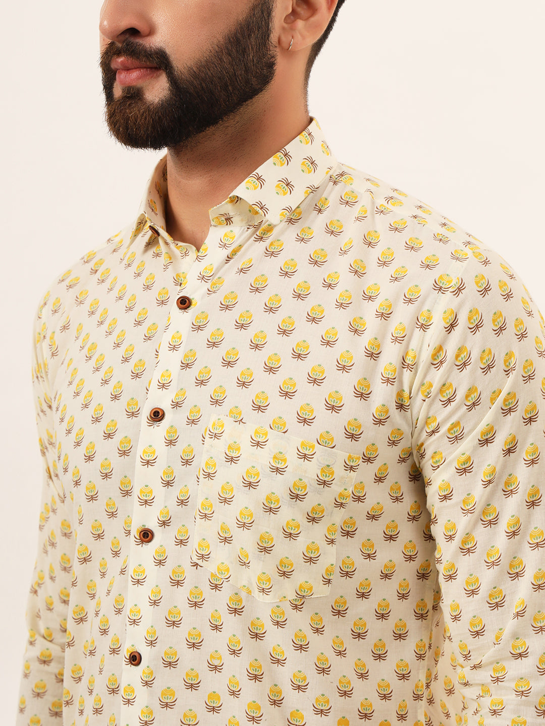 MILLENNIAL MEN Yellow Floral Print Pure Cotton Regular Fit Casual Shirt