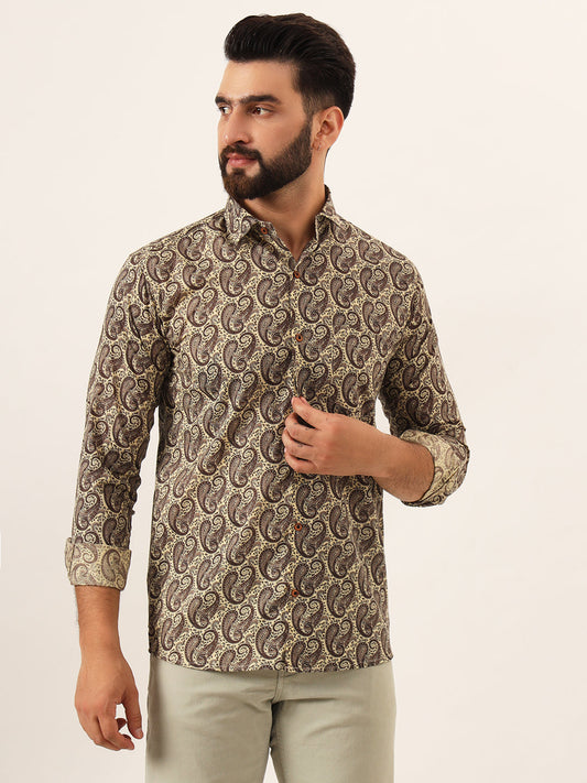 MILLENNIAL MEN Brown Paisley Print Pure Cotton Regular Fit Casual Full Sleeve