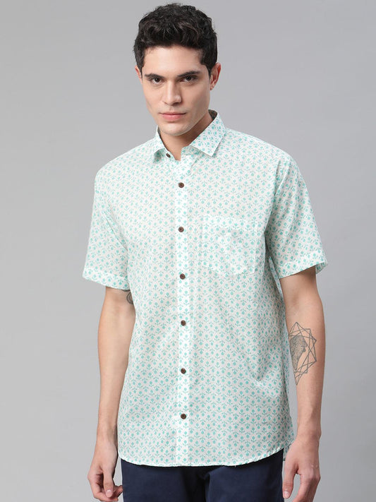 Millennial Men White & Sea Green Cotton  Half Sleeve Shirt for Men-MMH0184 - divenaworld.com