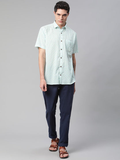 Millennial Men White & Sea Green Cotton  Half Sleeve Shirt for Men-MMH0184 - divenaworld.com