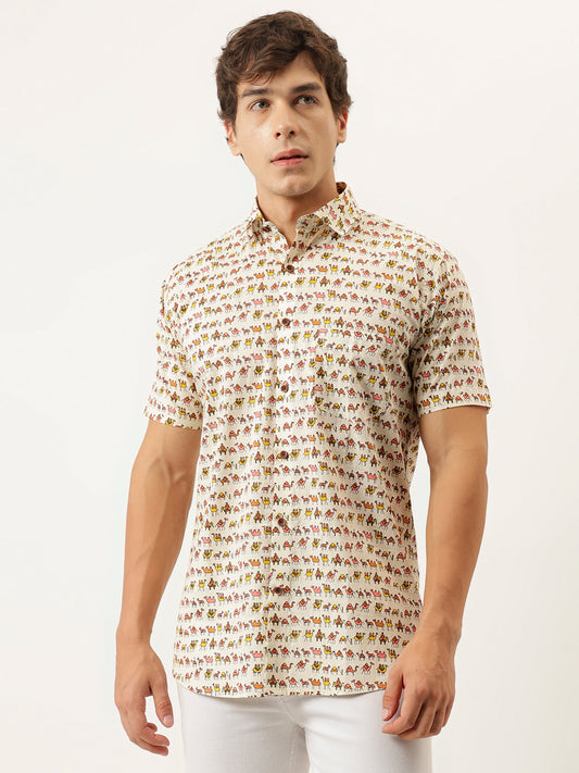 Millennial Men Cream Printed Cotton Half Sleeve Shirts