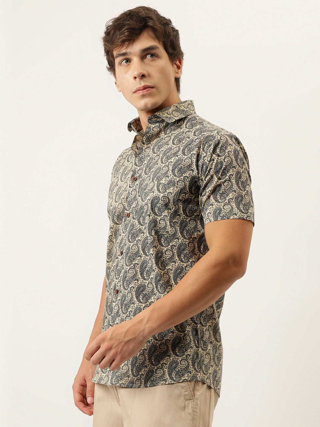 Millennial Men Beige and navy Printed Cotton Half Sleeve Shirts