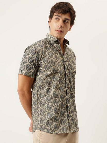 Millennial Men Beige and navy Printed Cotton Half Sleeve Shirts