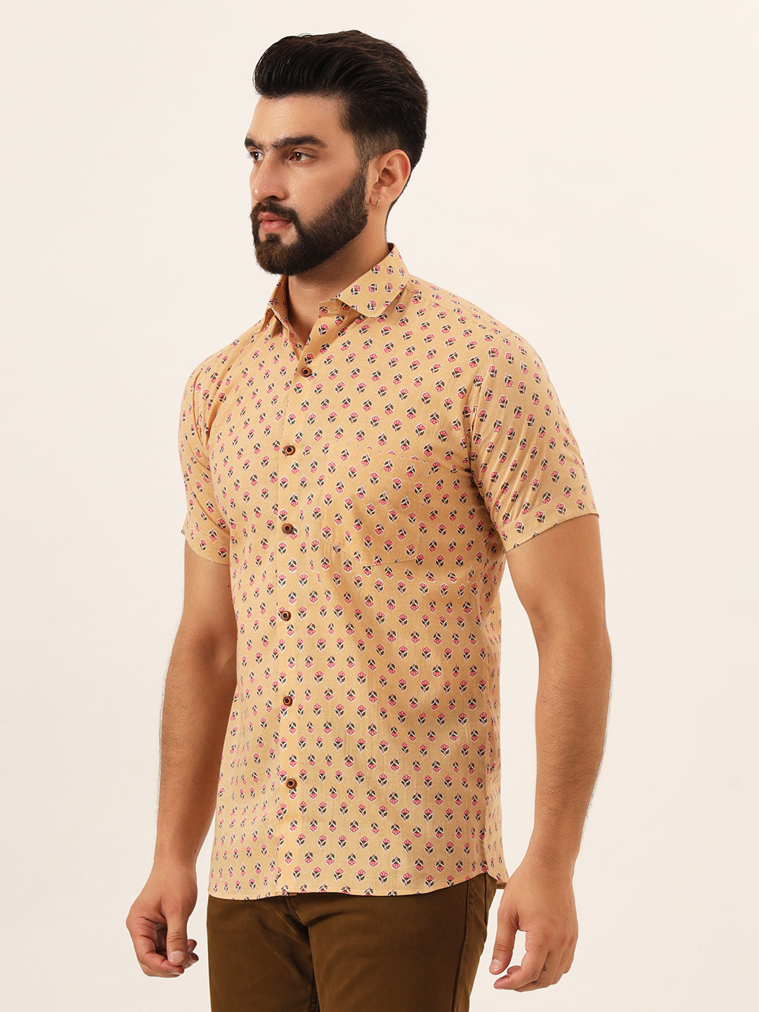 MILLENNIAL MEN Beige Printed Pure Cotton Regular Fit Casual Shirt