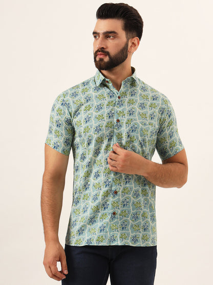 MILLENNIAL MEN Green Floral Print Pure Cotton Regular Fit Casual Half Sleeve