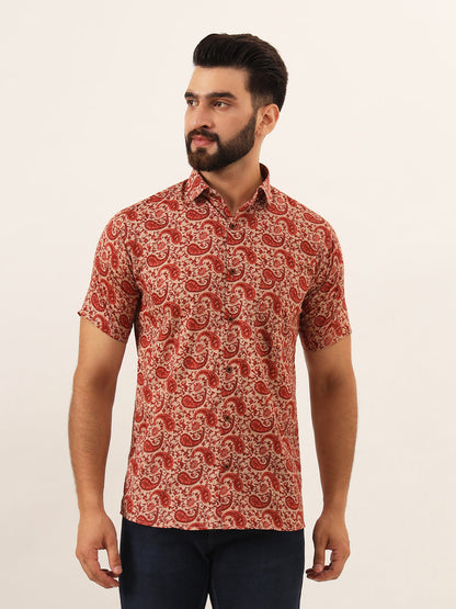 MILLENNIAL MEN Maroon Paisley Print Pure Cotton Regular Fit Casual Half Sleeve