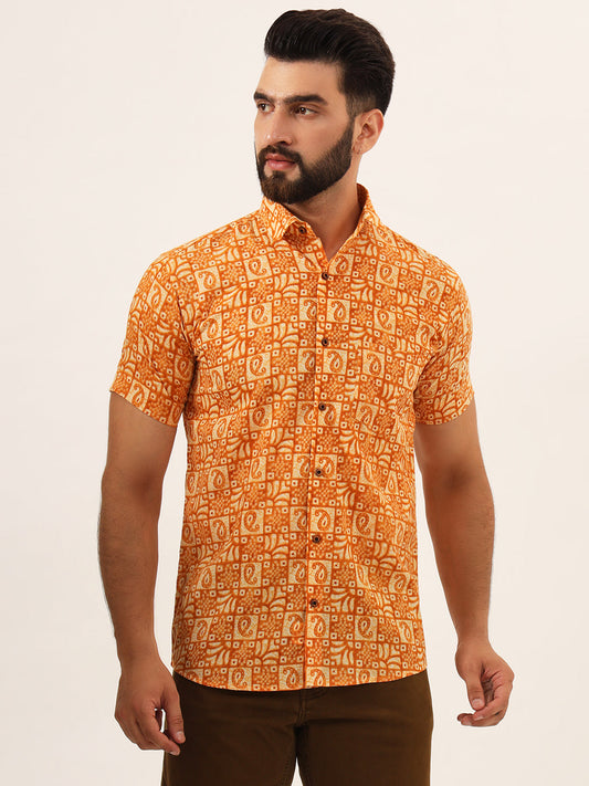 MILLENNIAL MEN Orange Paisley Print Pure Cotton Regular Fit Casual Half Sleeve