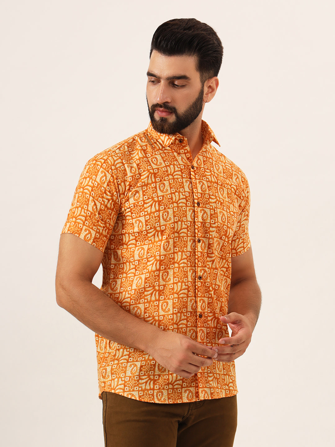 MILLENNIAL MEN Orange Paisley Print Pure Cotton Regular Fit Casual Shirt