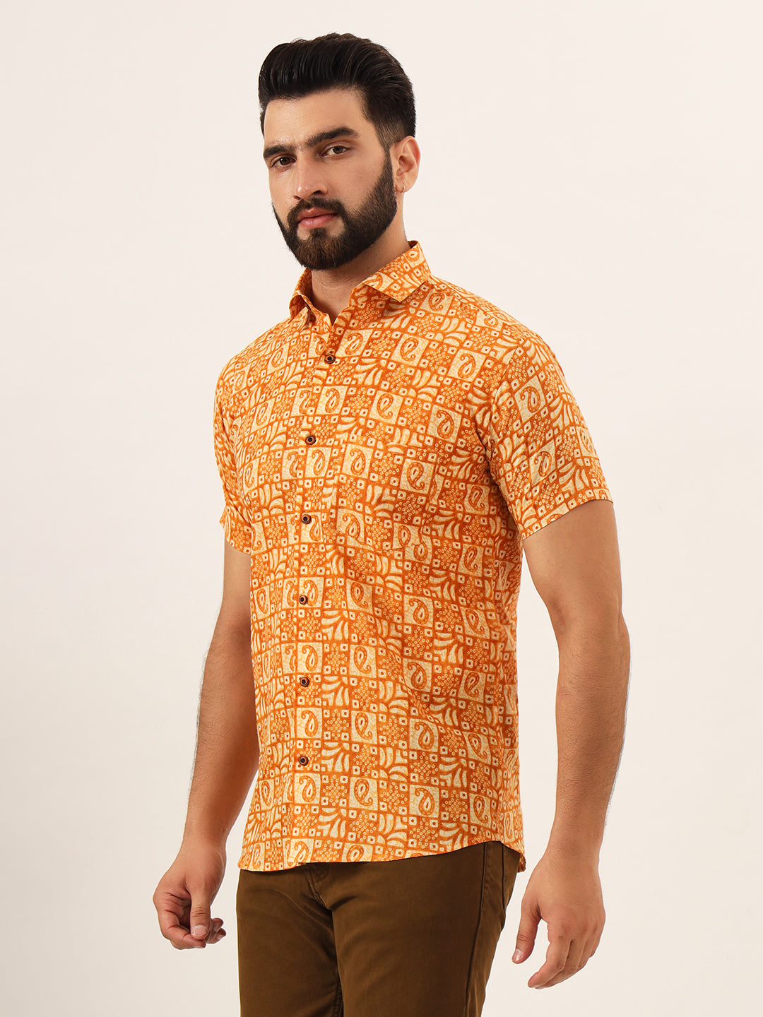 MILLENNIAL MEN Orange Paisley Print Pure Cotton Regular Fit Casual Shirt