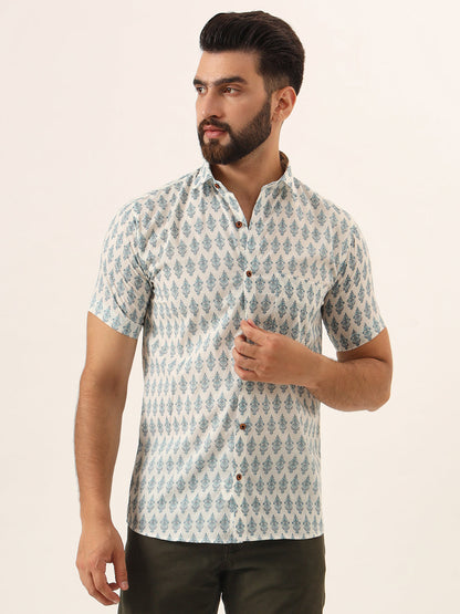 MILLENNIAL MEN Sky Blue Geometric Pure Cotton Regular Fit Casual Shirt for Men