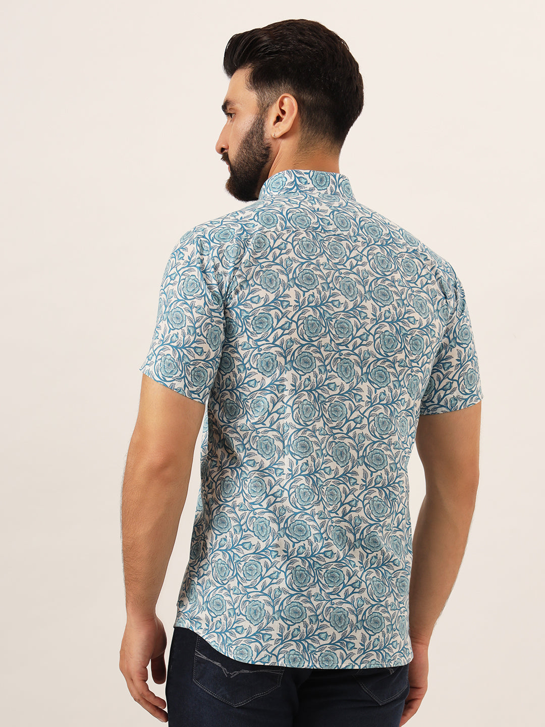 MILLENNIAL MEN Sky Blue Floral Print Pure Cotton Regular Fit Casual Shirt