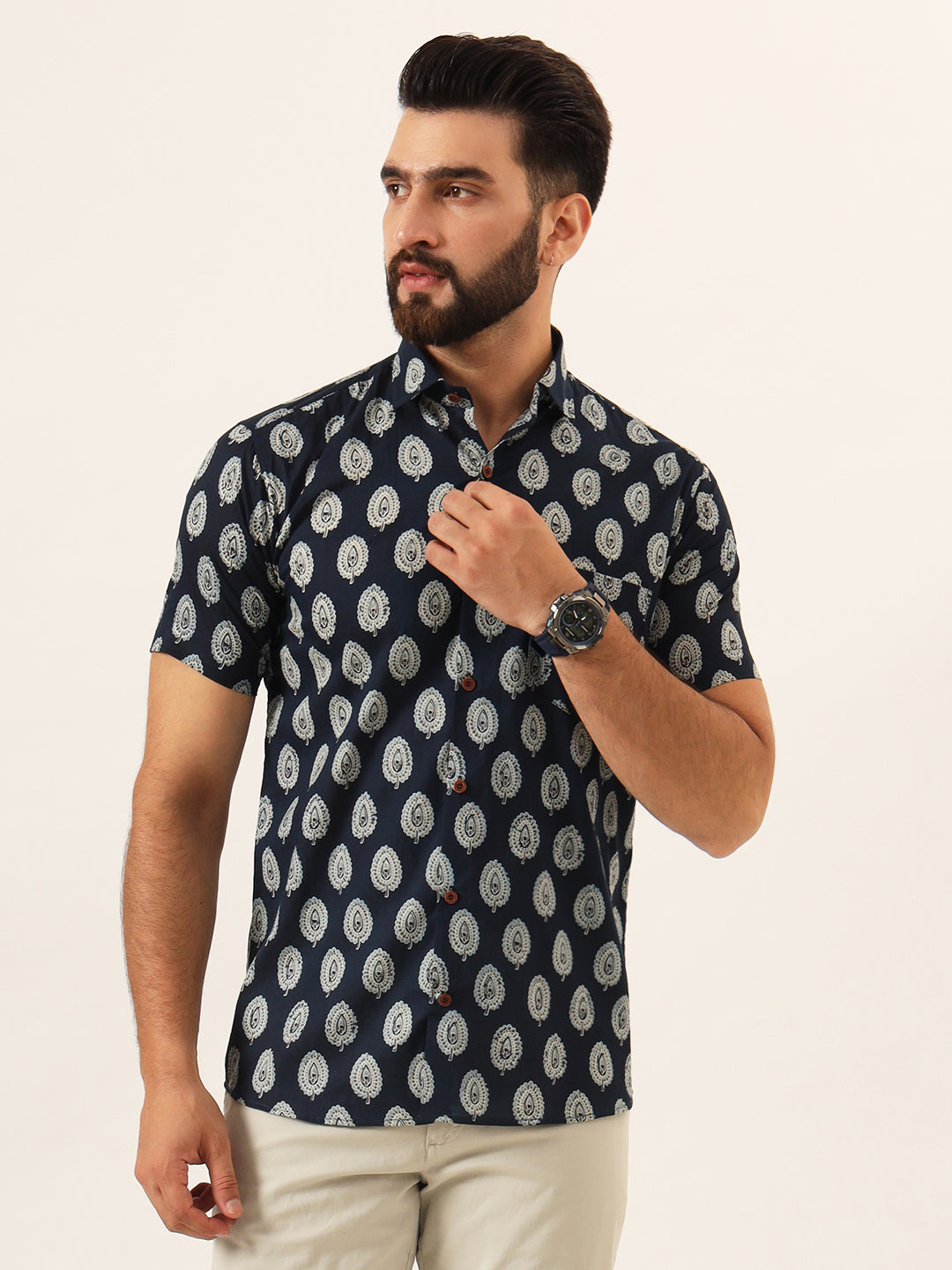 MILLENNIAL MEN Navy Blue Floral Print Pure Cotton Regular Fit Casual Half Sleeve