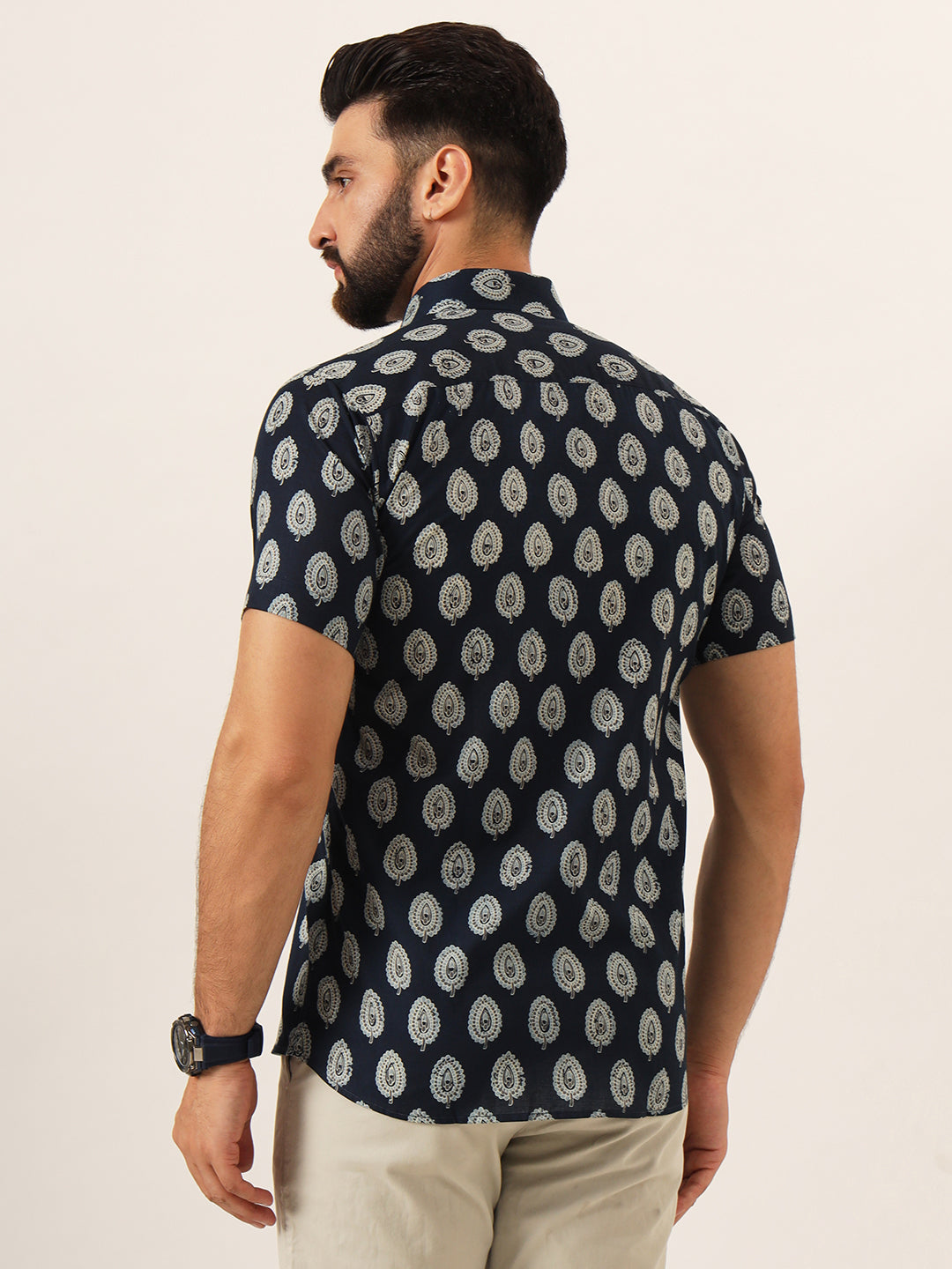 MILLENNIAL MEN Navy Blue Floral Print Pure Cotton Regular Fit Casual Half Sleeve