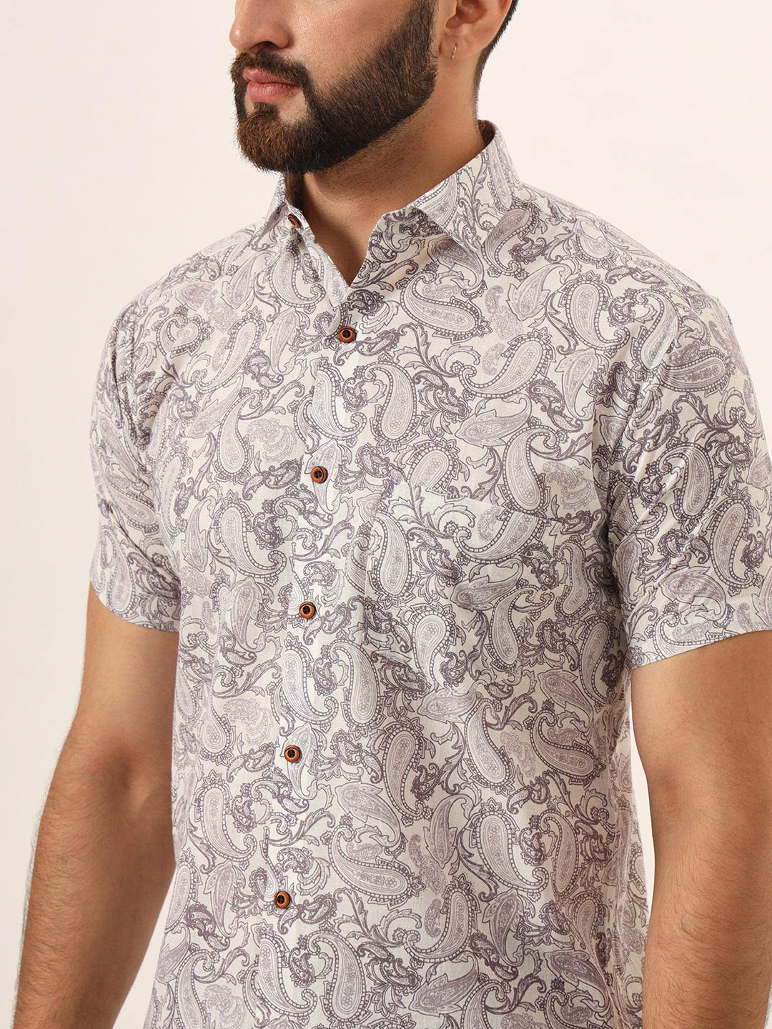 MILLENNIAL MEN Lavender Paisley Print Pure Cotton Regular Fit Casual Half Sleeve