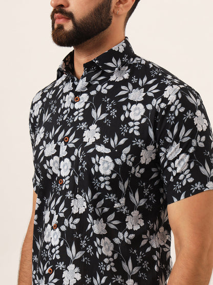 MILLENNIAL MEN Black Floral Print Pure Cotton Regular Fit Casual Half Sleeve