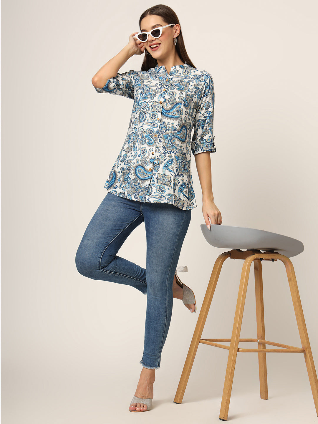 ESHANI White & Blue Printed Rayon Fabric Shirt Style Top