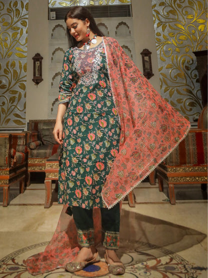 Eshani Green Floral Printed Kurta Pant Set with Dupatta