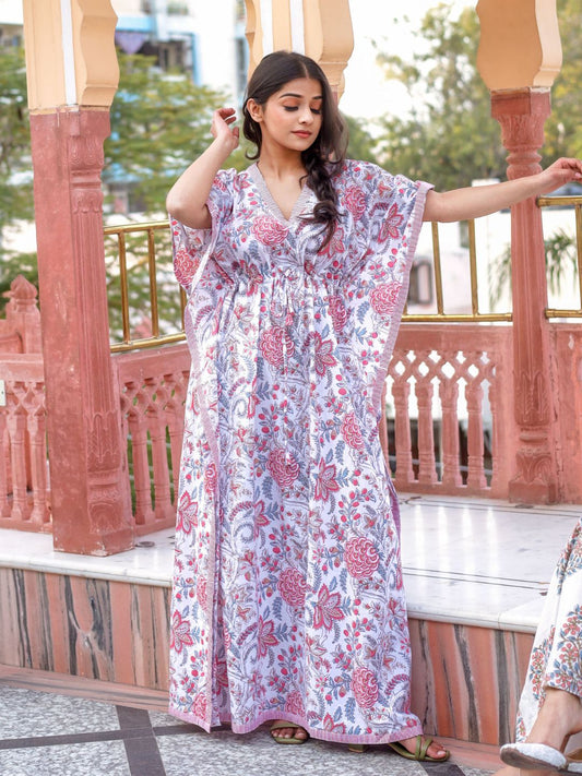 Eshani White And Pink Floral Print Kaftan