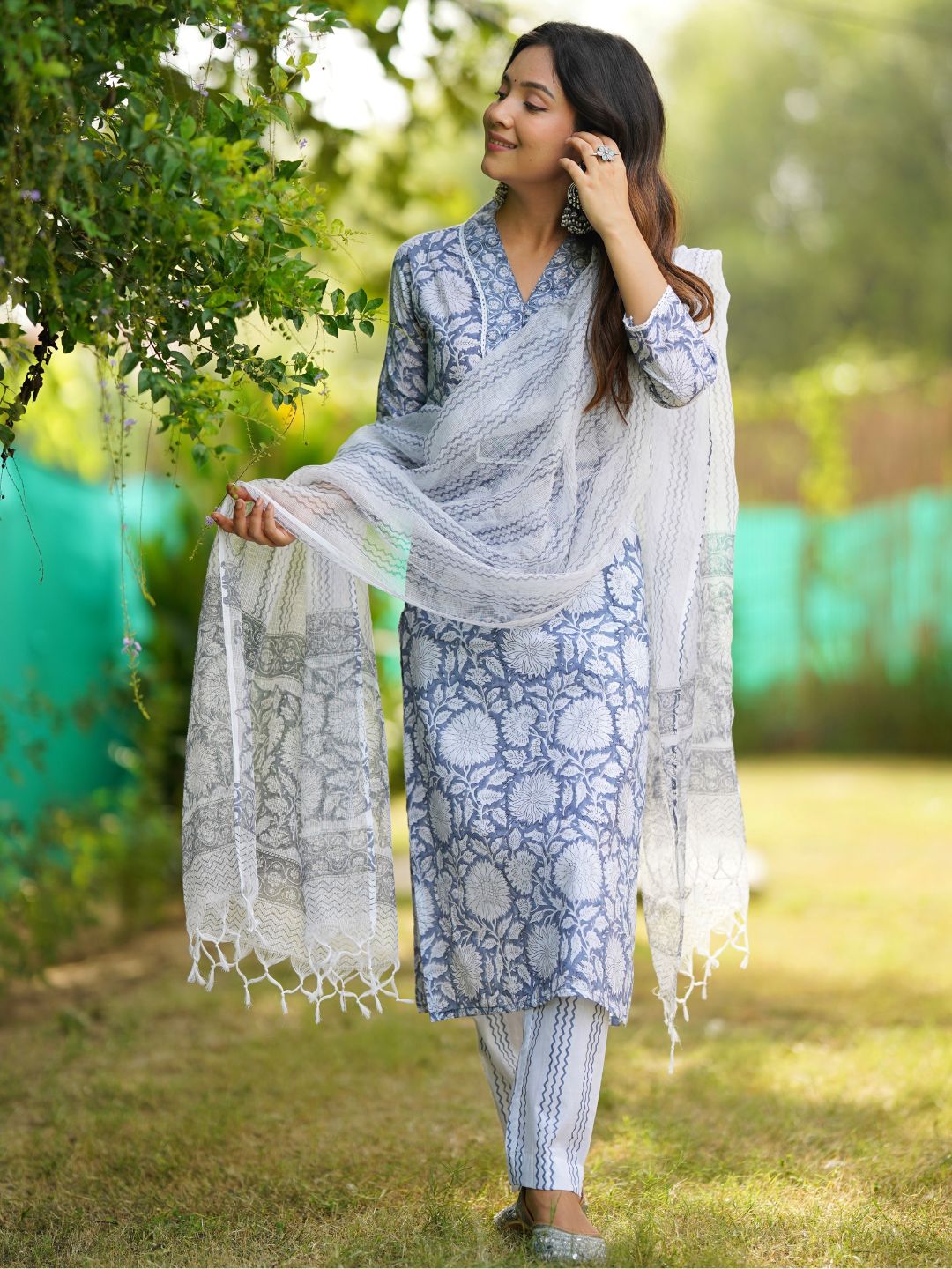 Eshani Sky blue Hand Block Printed Straight kurta Pant Set with Dupatta