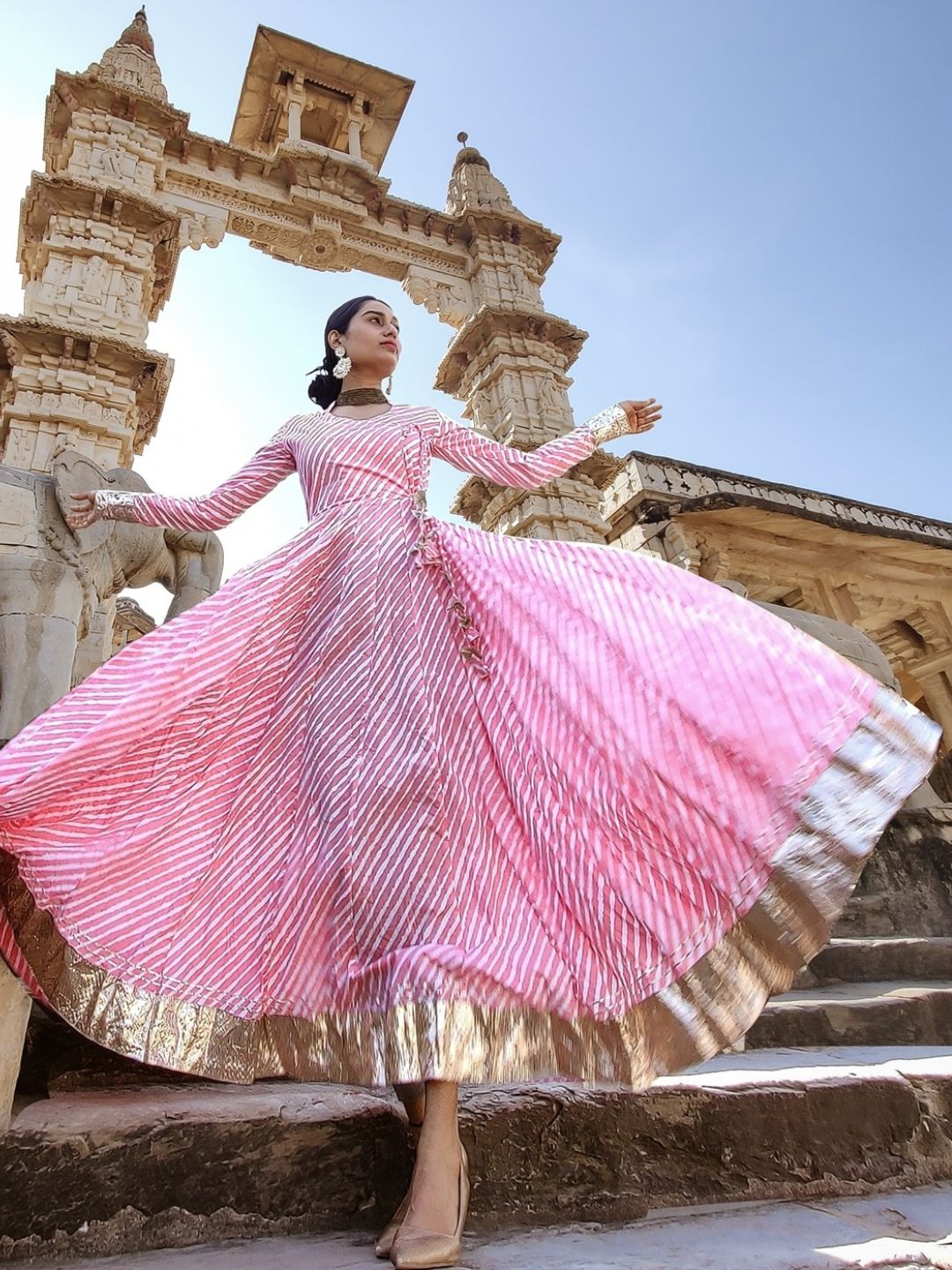 Eshani Pink Leheriya Cotton Anarkali With Copper Lace