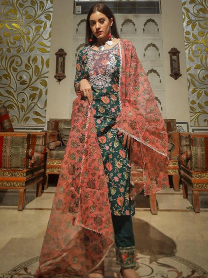 Eshani Green Floral Printed Kurta Pant Set with Dupatta - divenaworld.com