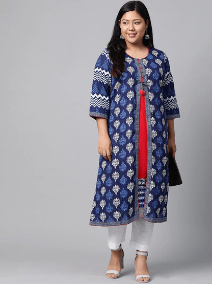 Eshani Plus Size Blue Cotton & Rayon A-line Kurti